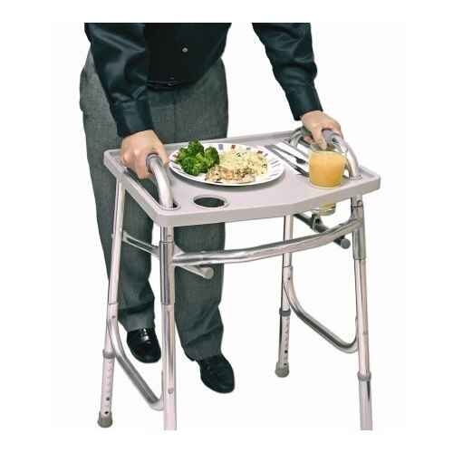 Walker tray attachment for a walker, holds plates and drinks on top