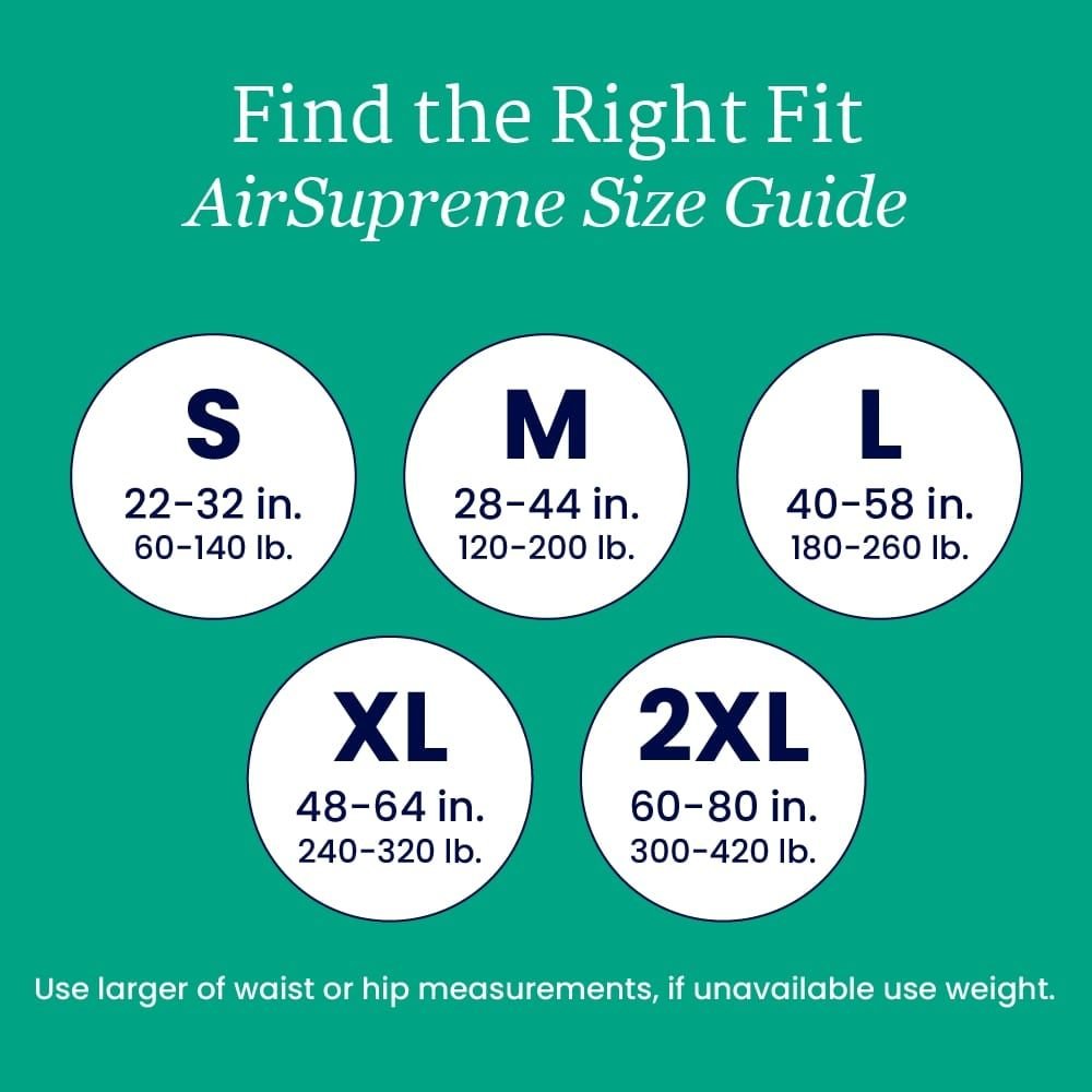 AirSupreme size guide: S 22-32 in, M 28-44, L 40-58, XL 48-64, 2XL 60-80
