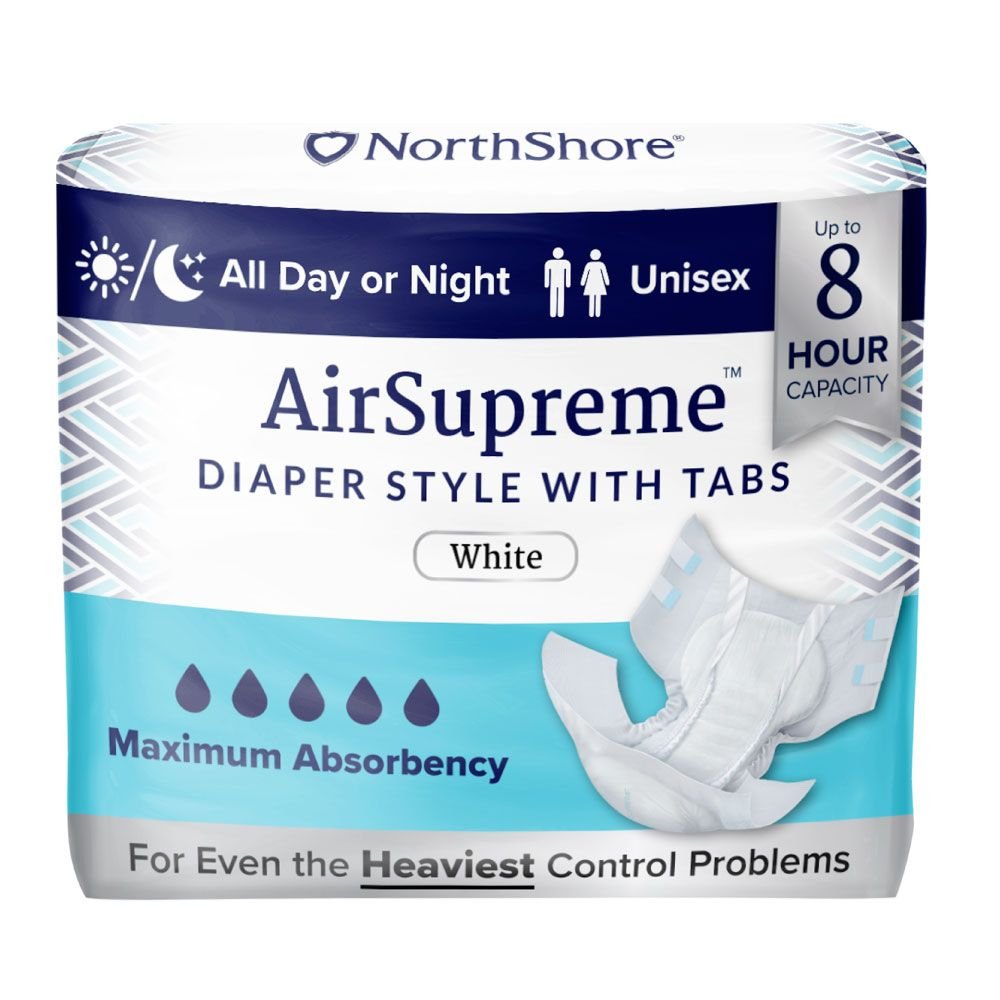 AirSupreme adult diaper style with tabs, white; unisex, up to 8-hour capacity