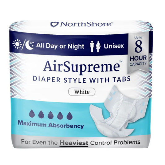AirSupreme adult diaper style with tabs, white; unisex, up to 8-hour capacity