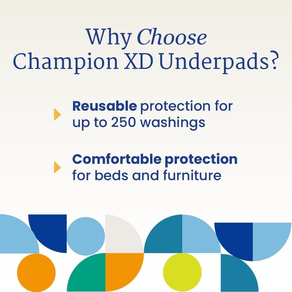 Why choose Champion XD underpads chart with reusable protection up to 250 washings callout