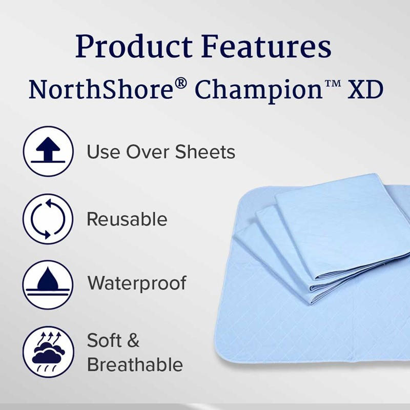 Light blue Champion XD underpad with product feature icons: reusable, waterproof, soft & breathable