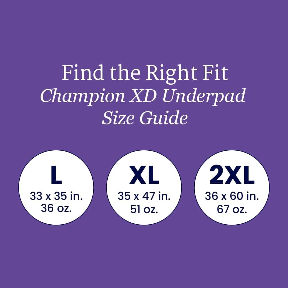 Champion XD underpad size guide showing L 33x35, XL 35x47, 2XL 36x60