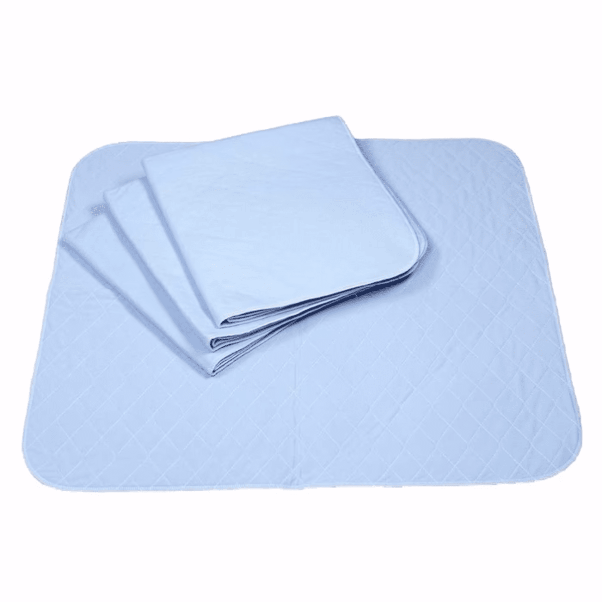 Stack of light blue washable underpads with quilted texture