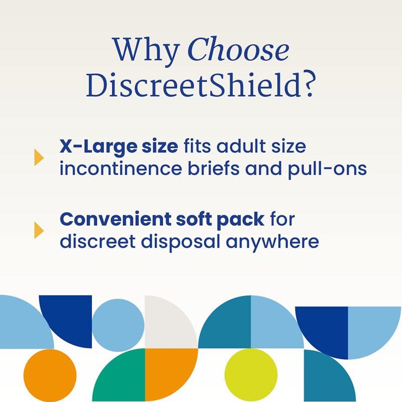 DiscreetShield navy disposal bag shown with size and convenience diagram
