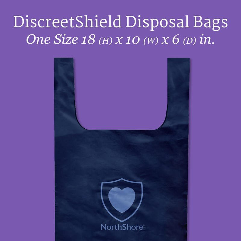 DiscreetShield disposal bags artwork: navy bag front with shield logo