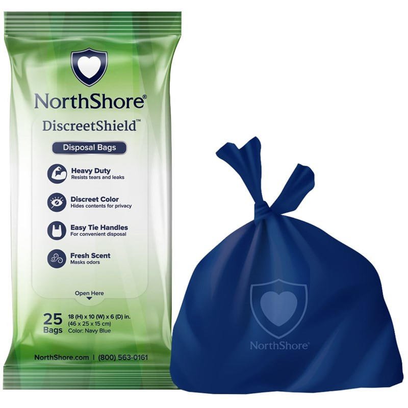 DiscreetShield scented disposal bags, navy; 25-count package with tied bag shown