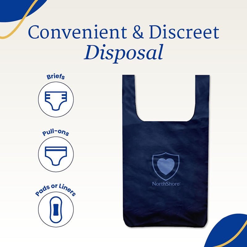 Navy disposal bag with pull-off design diagram for briefs, pull-ons, pads