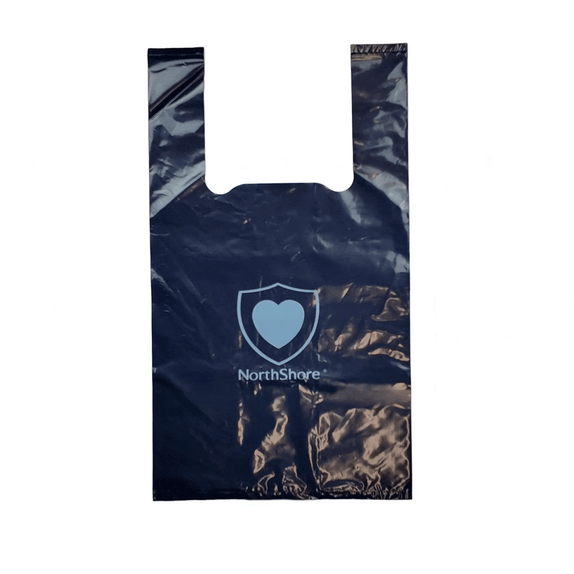 Dark navy discreet disposal bag with tie top and privacy shield logo