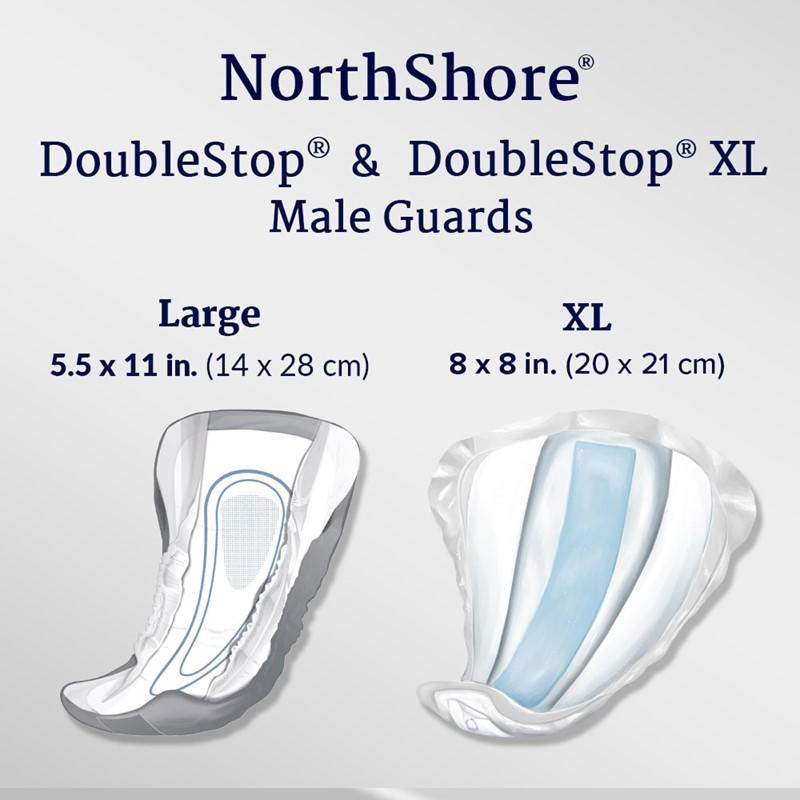 DoubleStop male guards size chart graphic: Large 5.5 x 11 in and XL 8 x 8 in