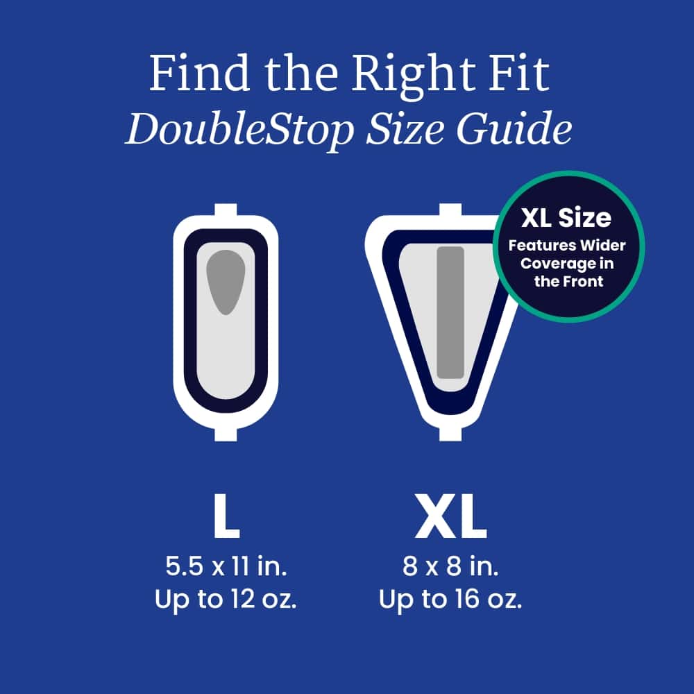 DoubleStop size guide showing Large 5.5 x 11 in and XL 8 x 8 in
