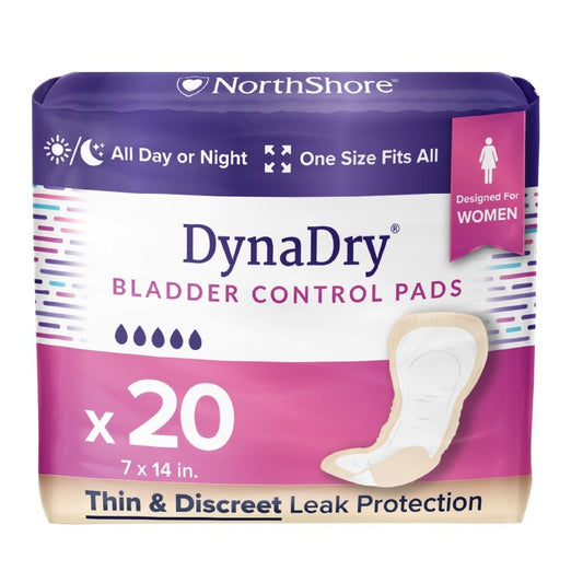 DynaDry bladder control pads for women, 7x14 in, pack of 20; thin discreet leak protection