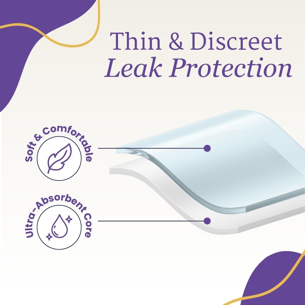 Thin, discreet leak protection pad with ultra-absorbent core section, pale beige