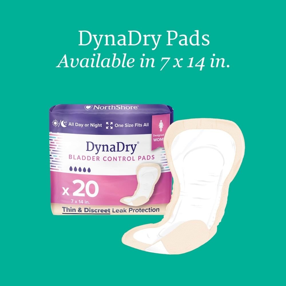 DynaDry bladder control pads for women, 7x14 in; thin discreet leak protection, pack x20
