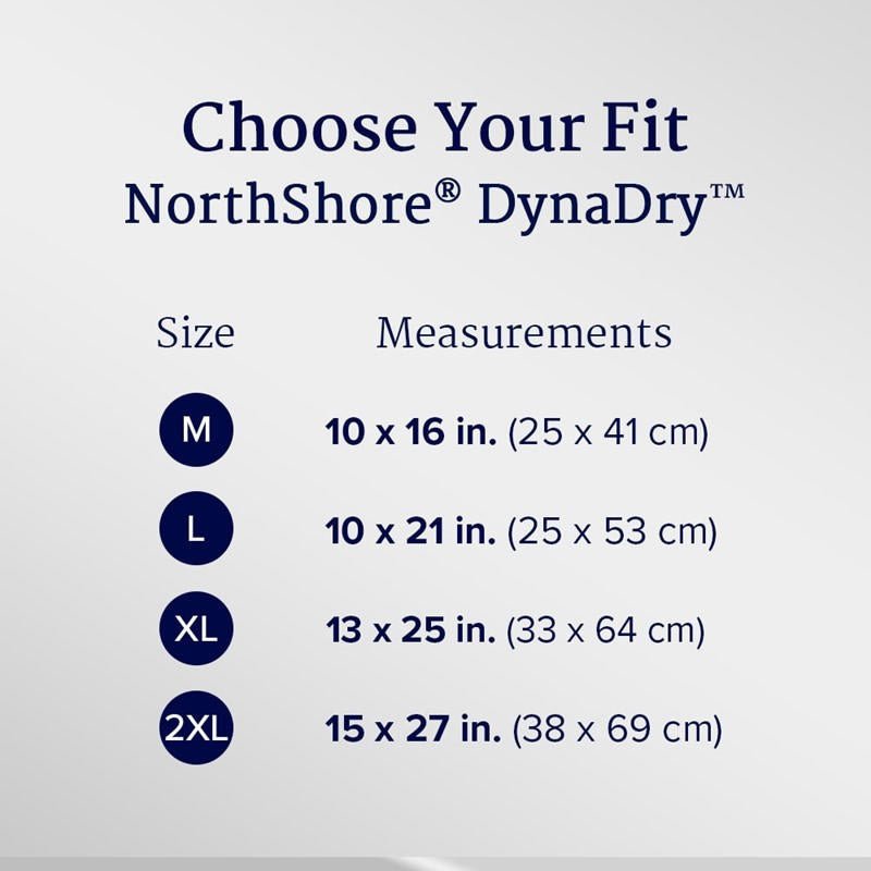 Choose your fit: M 10x16, L 10x21, XL 13x25, 2XL 15x27 incontinence liners