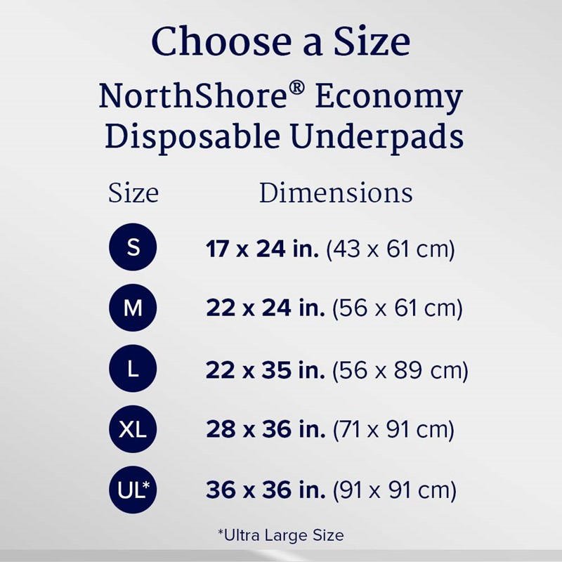 Choose a size: 17x24, 22x24, 22x35, 28x36, 36x36 in disposable underpads