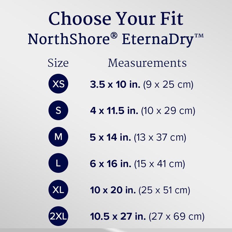 EternaDry sizing chart: XS 3.5x10 in to 2XL 10.5x27 in