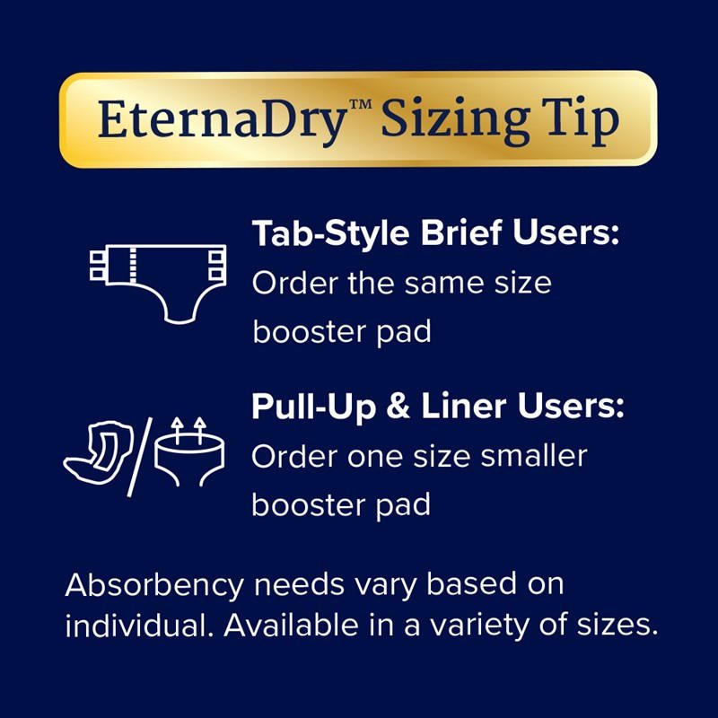 EternaDry sizing tip: tab-style same size, pull-up and liner one size smaller