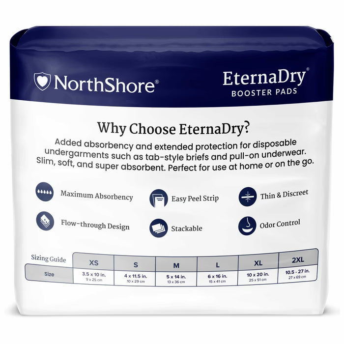 EternaDry booster pads back with sizing chart XS–2XL