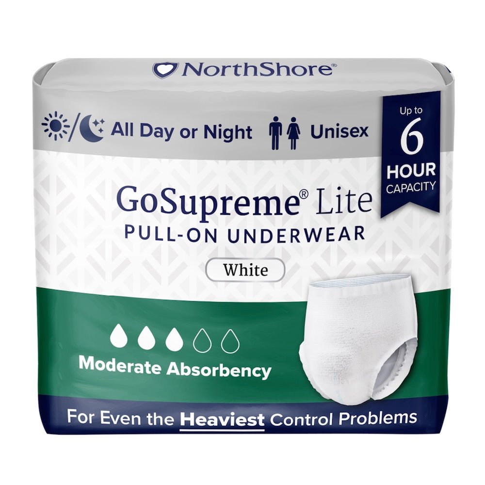 White GoSupreme Lite pull-on underwear pack, unisex, up to 6 hour capacity.