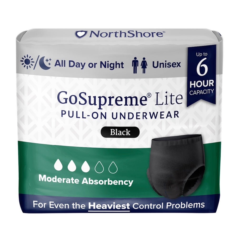 Black GoSupreme Lite pull-on underwear pack, unisex, up to 6 hour capacity.