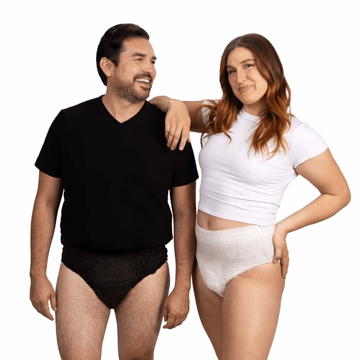 Unisex pull-on underwear on two people: black pair and white pair shown.
