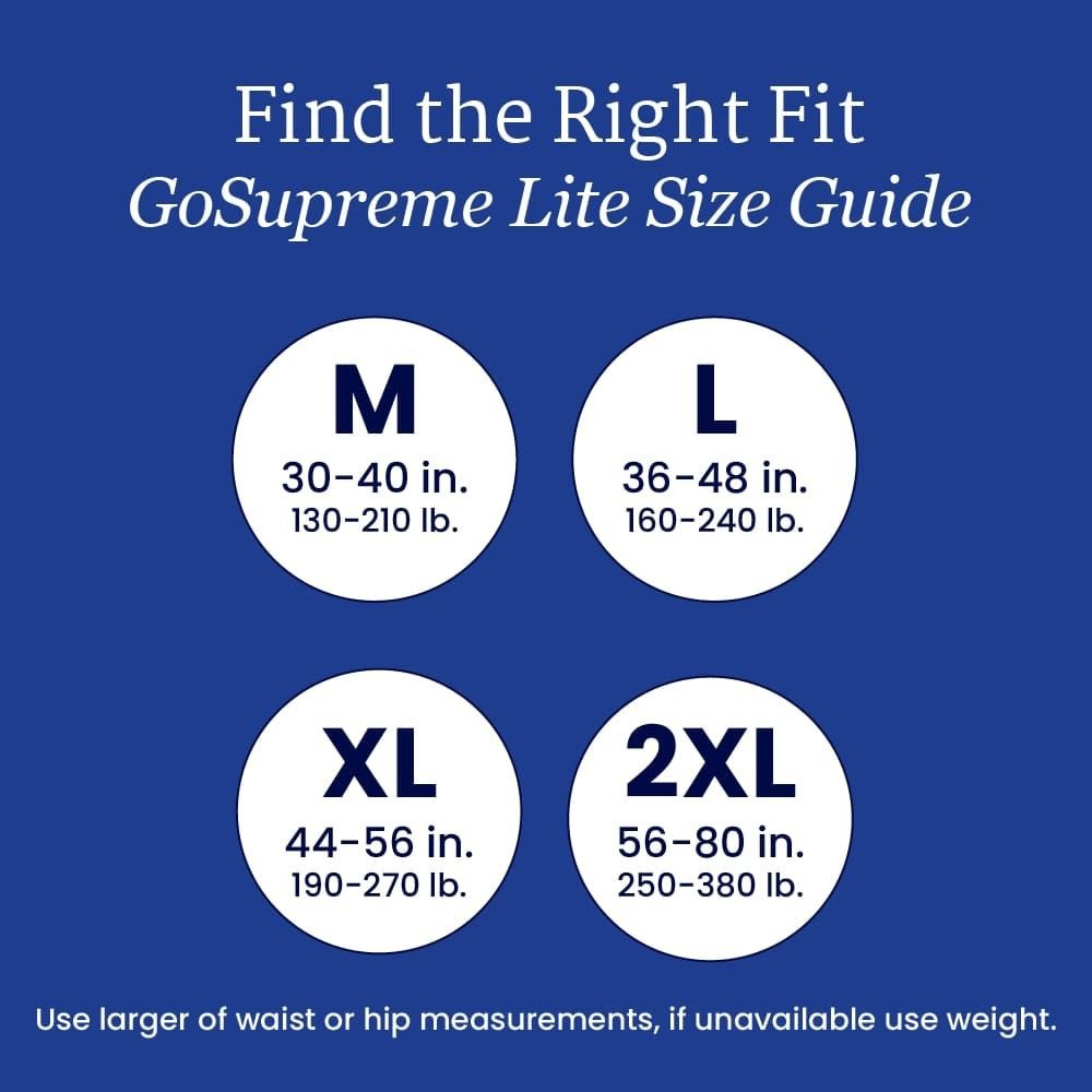 GoSupreme Lite size guide chart: M 30–40 in, L 36–48 in, XL 44–56 in, 2XL 56–80 in.