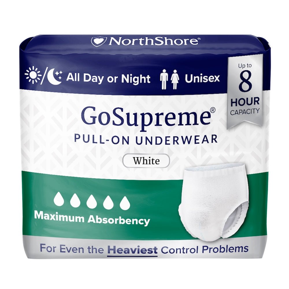 White pull-on absorbent underwear, unisex, 8-hour capacity, pack label front