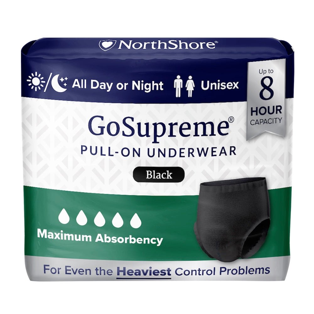 Black pull-on absorbent underwear, unisex, 8-hour capacity, pack label front