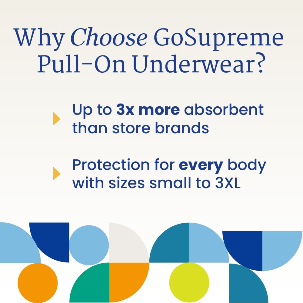 Promotional text: pull-on underwear up to 3x more absorbent; sizes small to 3XL