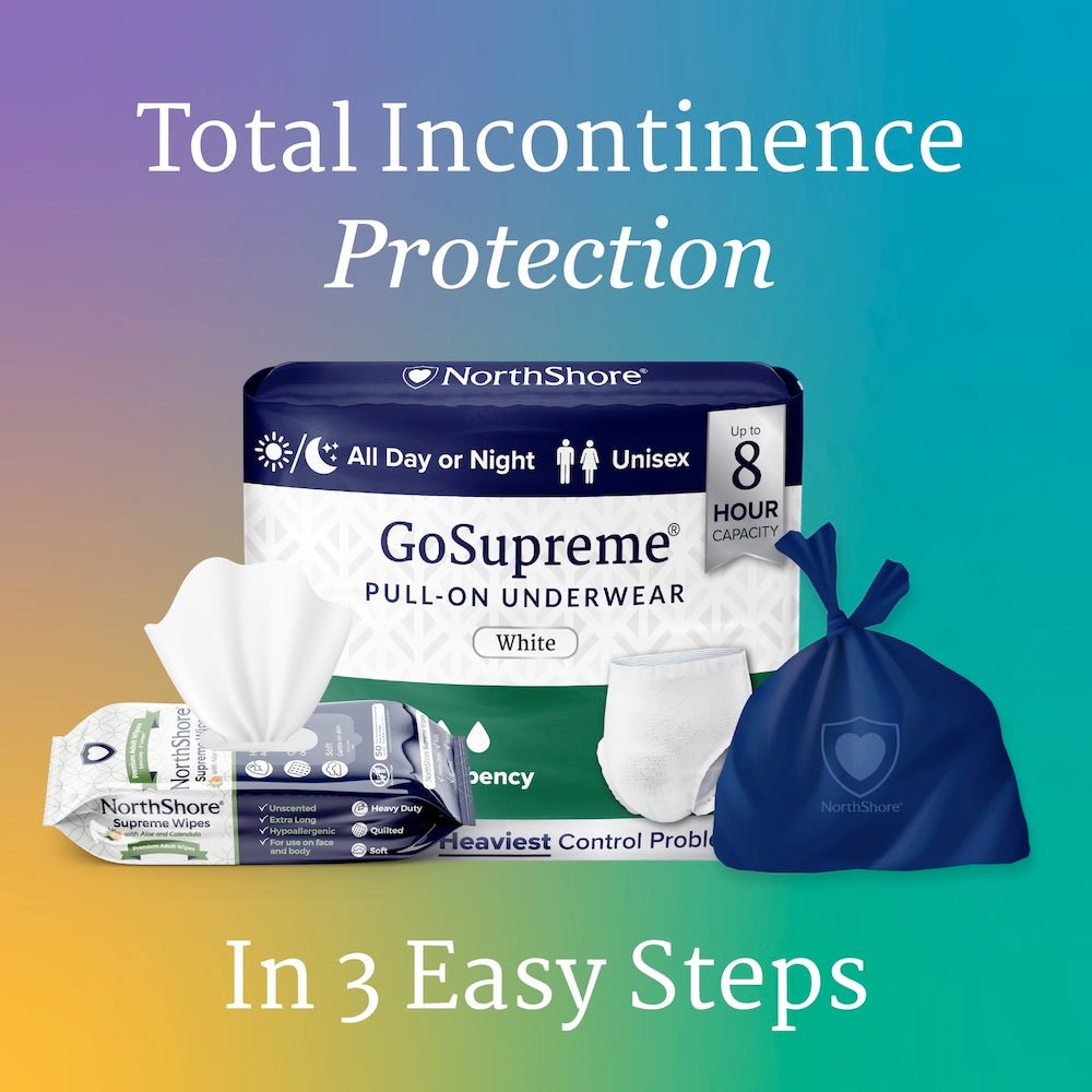 Bagged set of white unisex pull-on underwear, plus wipes in retail pack