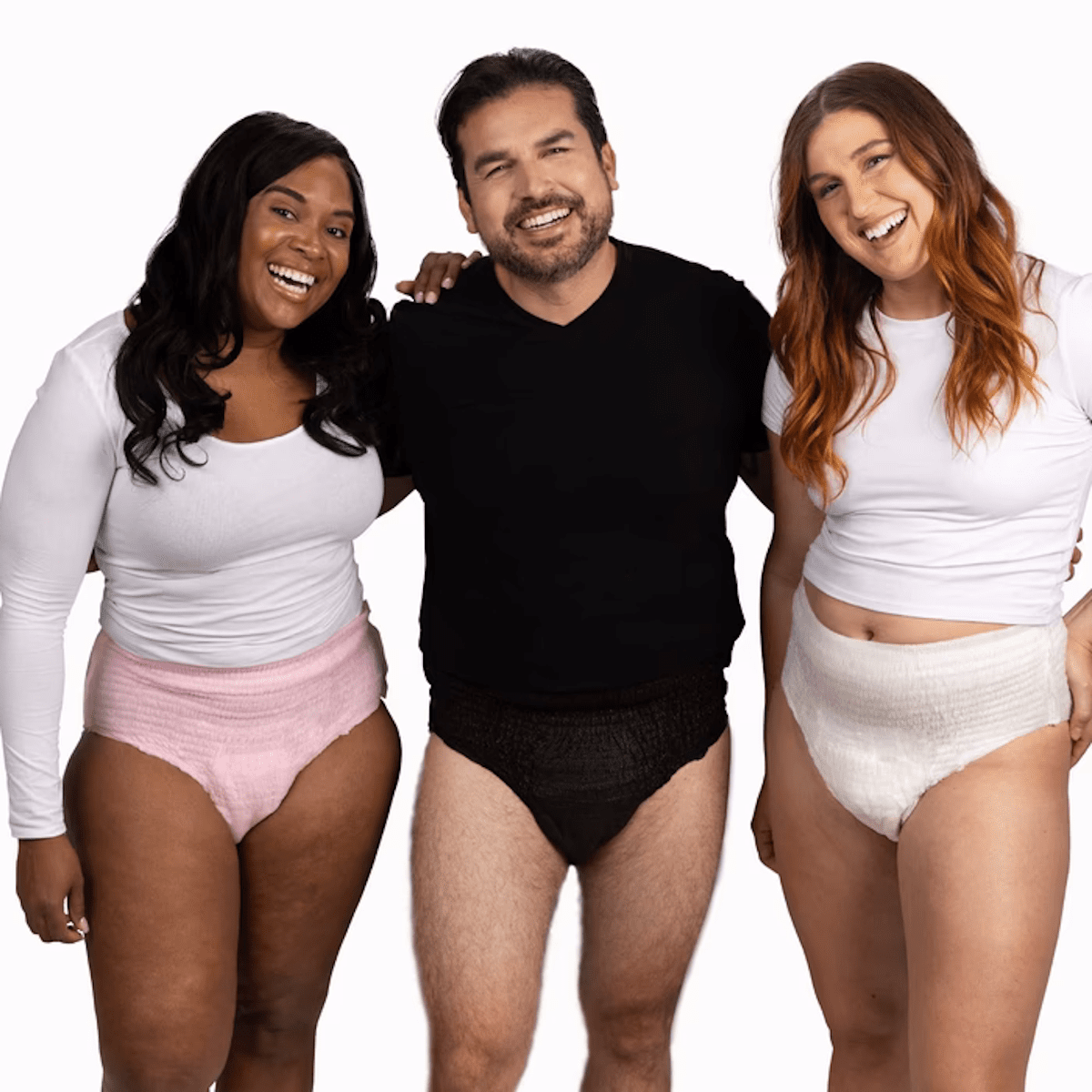 Unisex pull-on absorbent underwear on three models: white, black, and pink