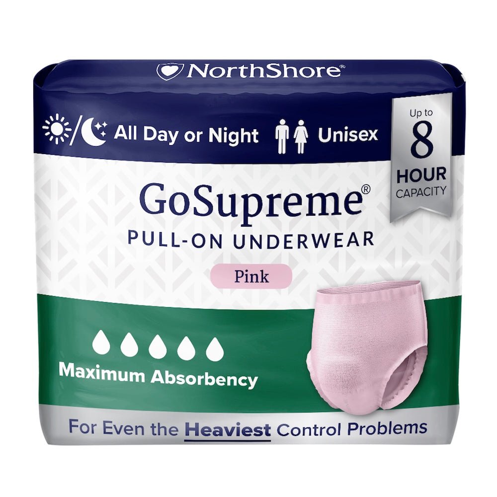 Pink pull-on absorbent underwear, unisex, 8-hour capacity, pack label front