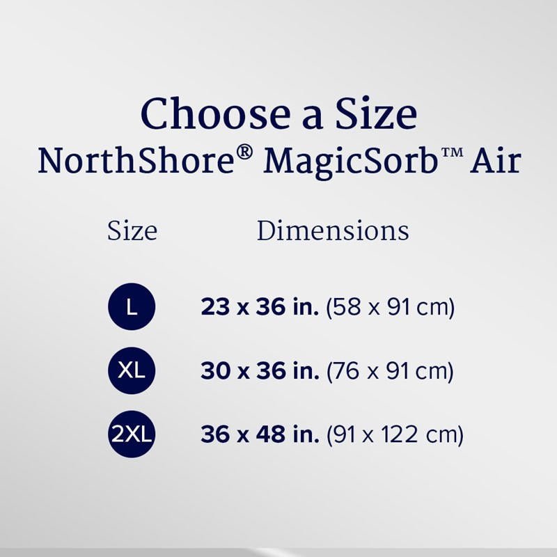 Disposable underpad size chart: L 23x36 in, XL 30x36 in, 2XL 36x48 in
