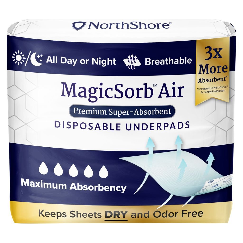 MagicSorb Air disposable underpads package, premium super-absorbent, 3X absorbency badge