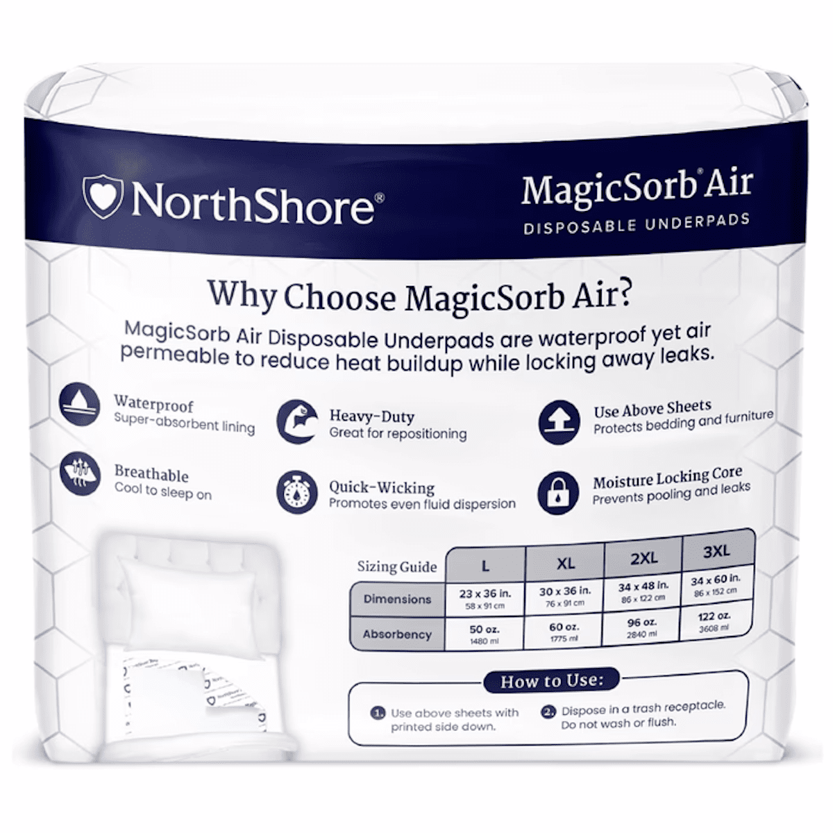 MagicSorb Air disposable underpads box back with waterproof breathable info and sizing guide