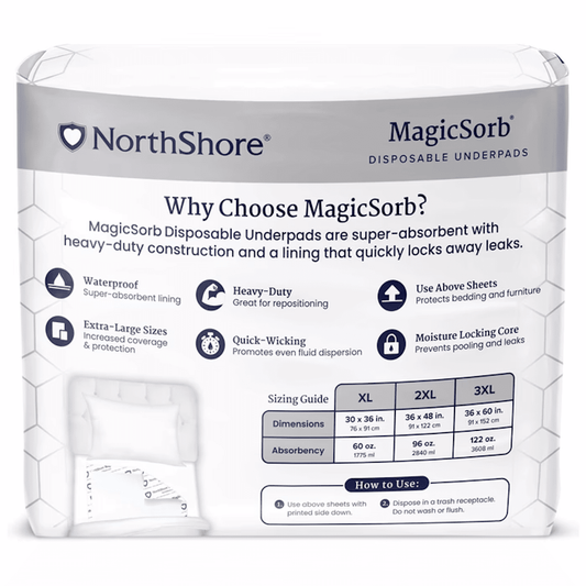 MagicSorb disposable underpads back label with sizing guide, waterproof, heavy-duty