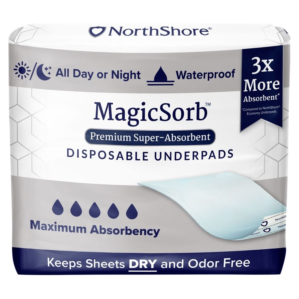 MagicSorb disposable underpads box, premium super-absorbent, waterproof lining