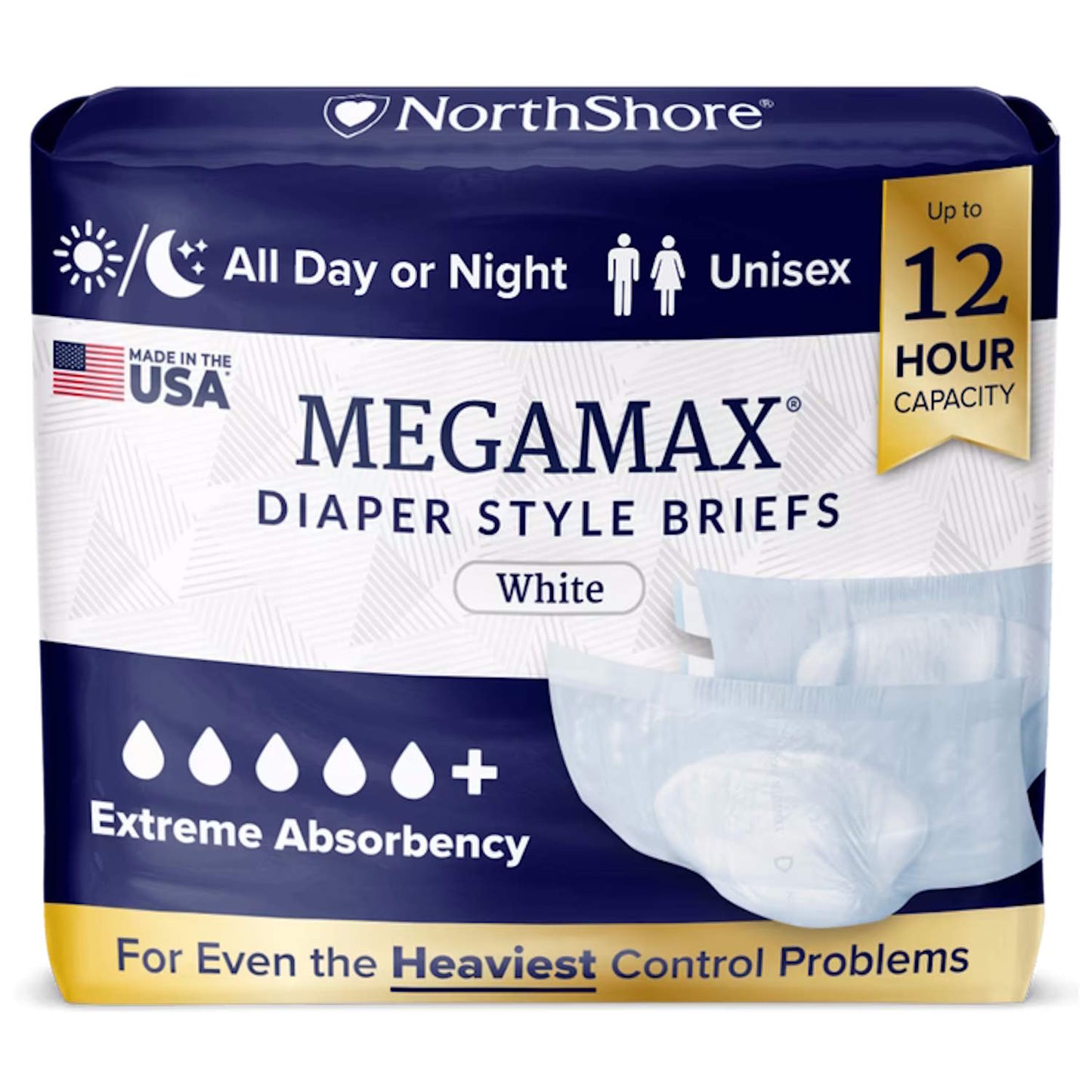 MEGAMAX diaper style briefs for adults, white, unisex, up to 12-hour capacity
