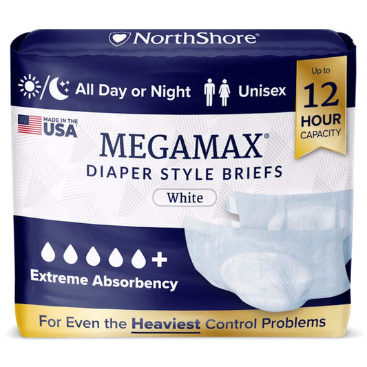 MEGAMAX diaper style briefs for adults, white, unisex, up to 12-hour capacity