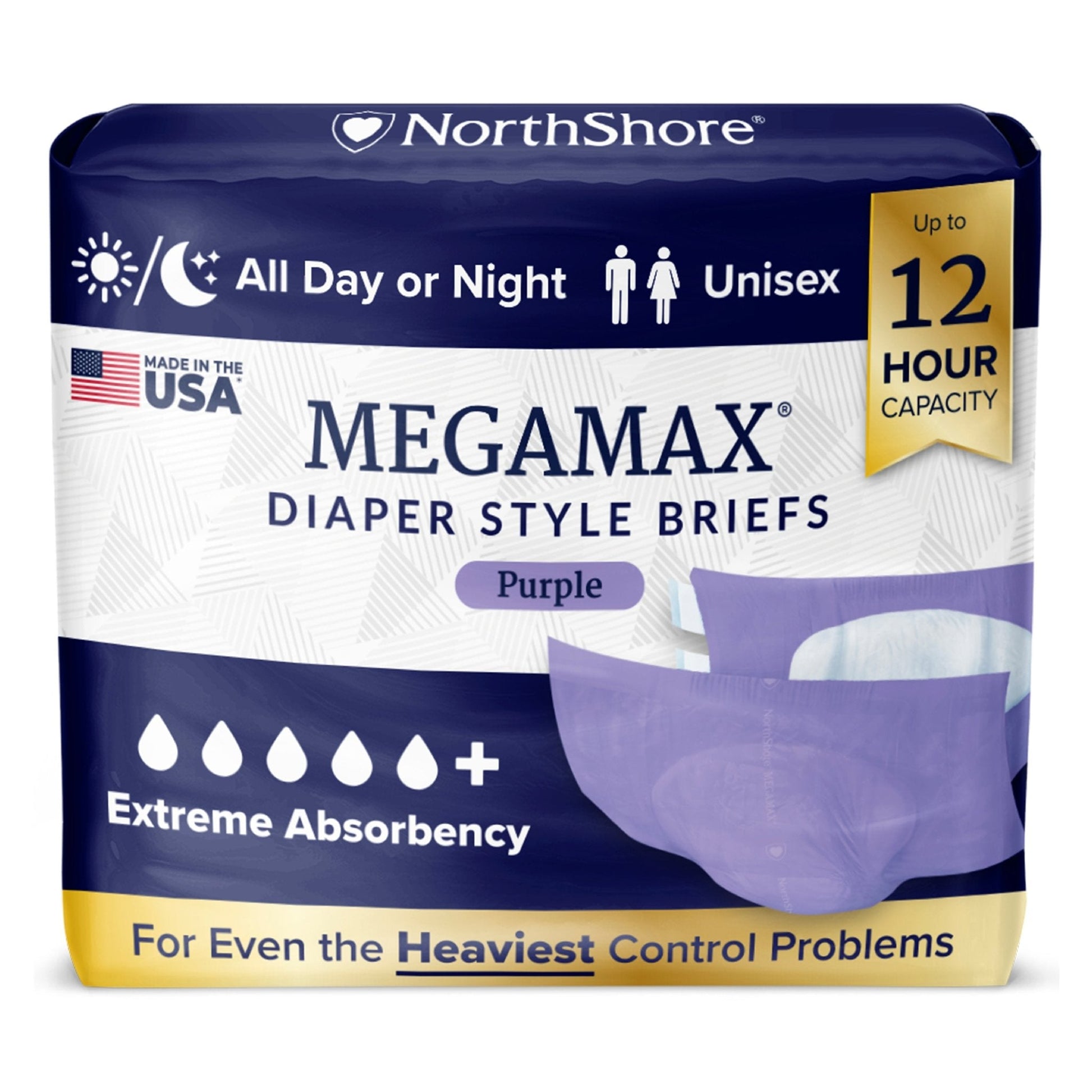 MEGAMAX adult diapers, purple, diaper style briefs with tabs, up to 12-hour capacity