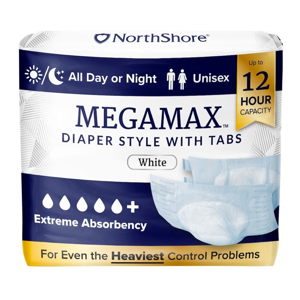 NorthShore MEGAMAX adult diapers, white, diaper style with tabs, up to 12-hour capacity