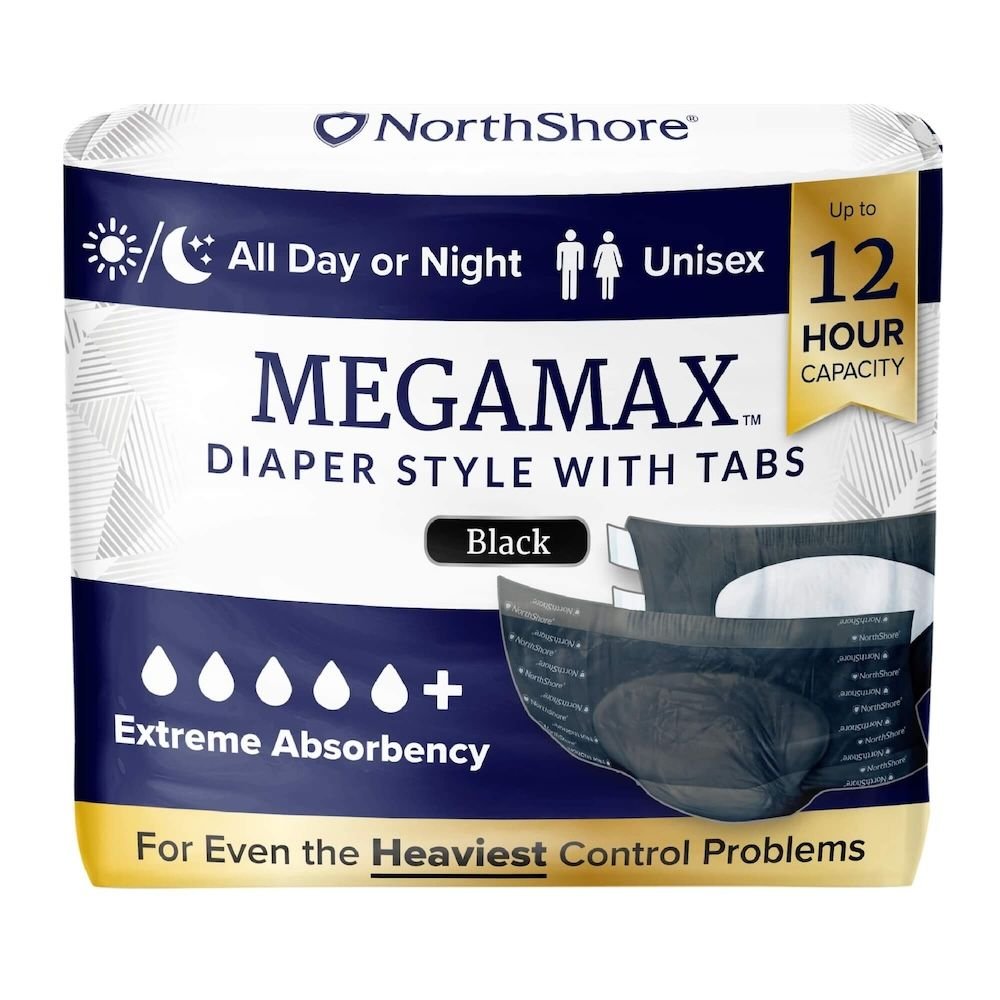 MEGAMAX adult diapers, black, diaper style with tabs, up to 12-hour capacity