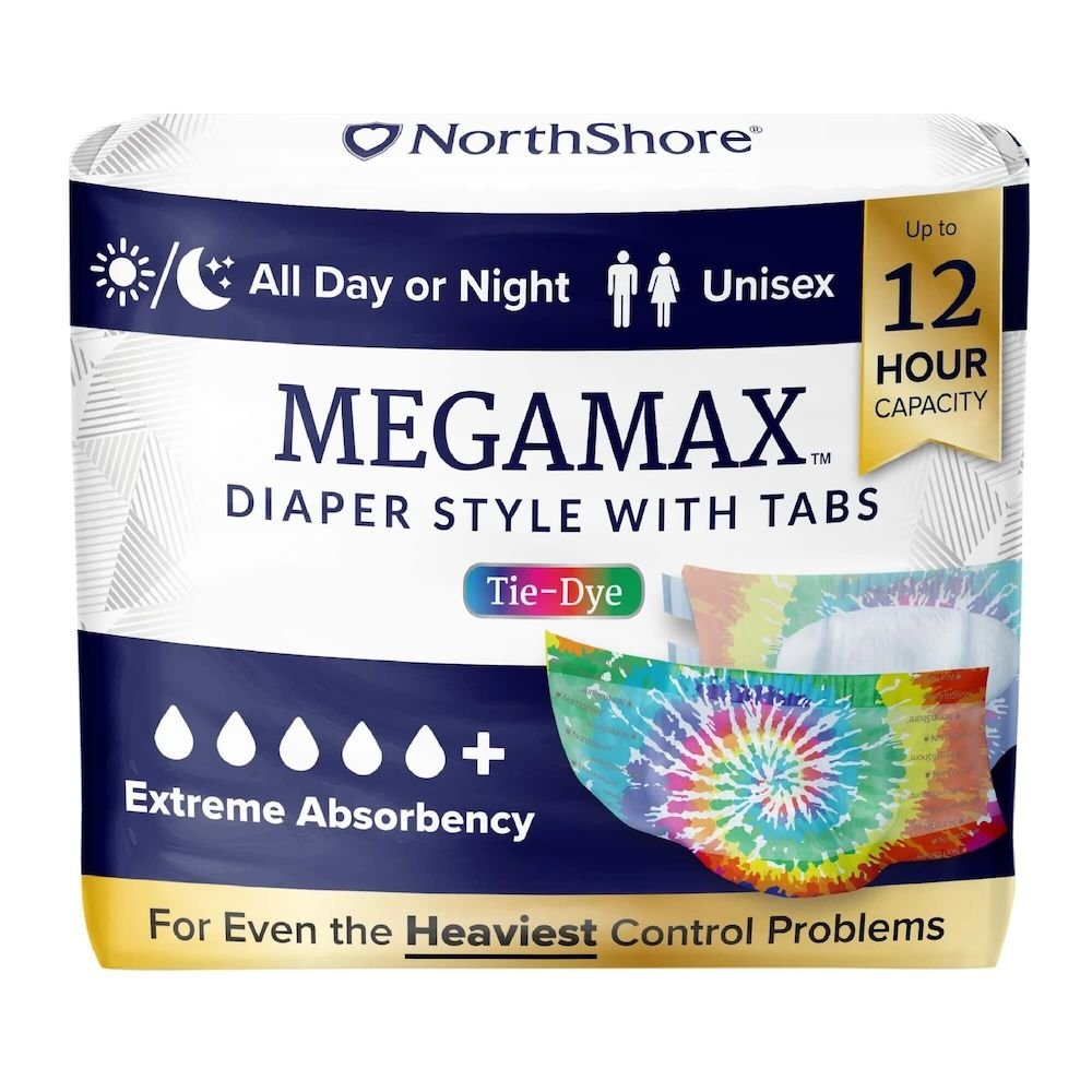 MEGAMAX adult diapers, tie-dye, diaper style with tabs, up to 12-hour capacity