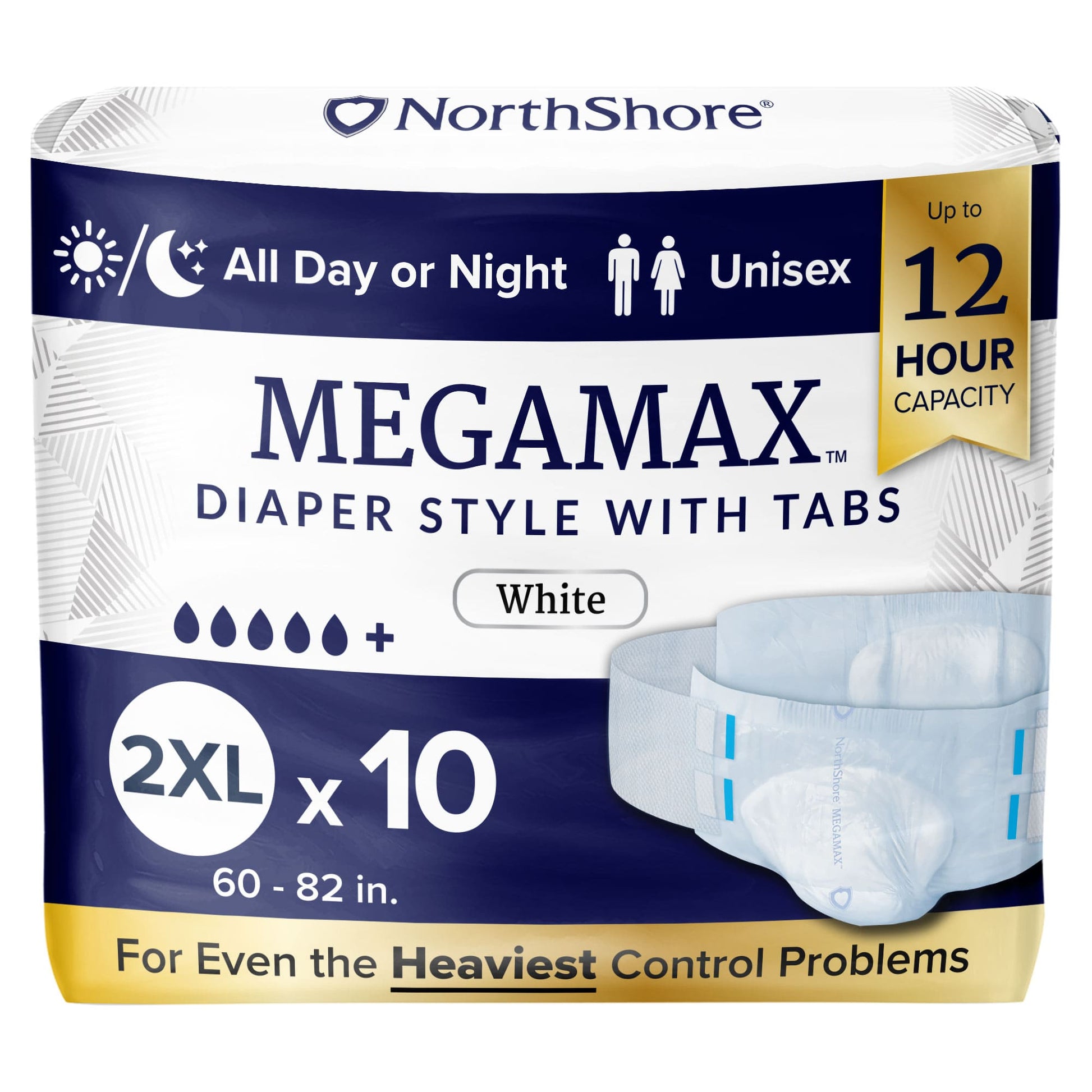 MEGAMAX adult diapers, white 2XL, 10 count, 60–82 in, diaper style with tabs
