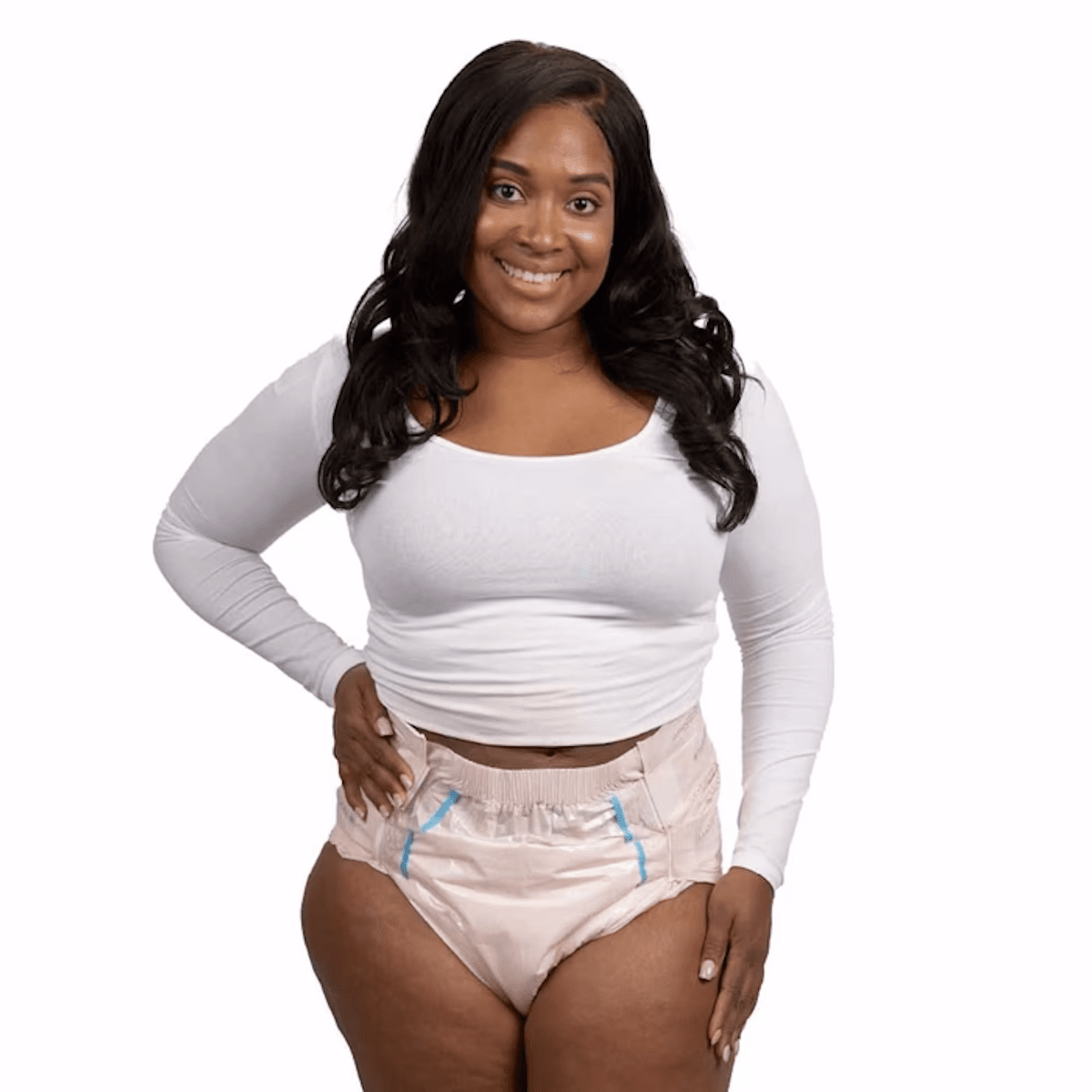 White adult diaper brief with blue side tabs, worn under shirt