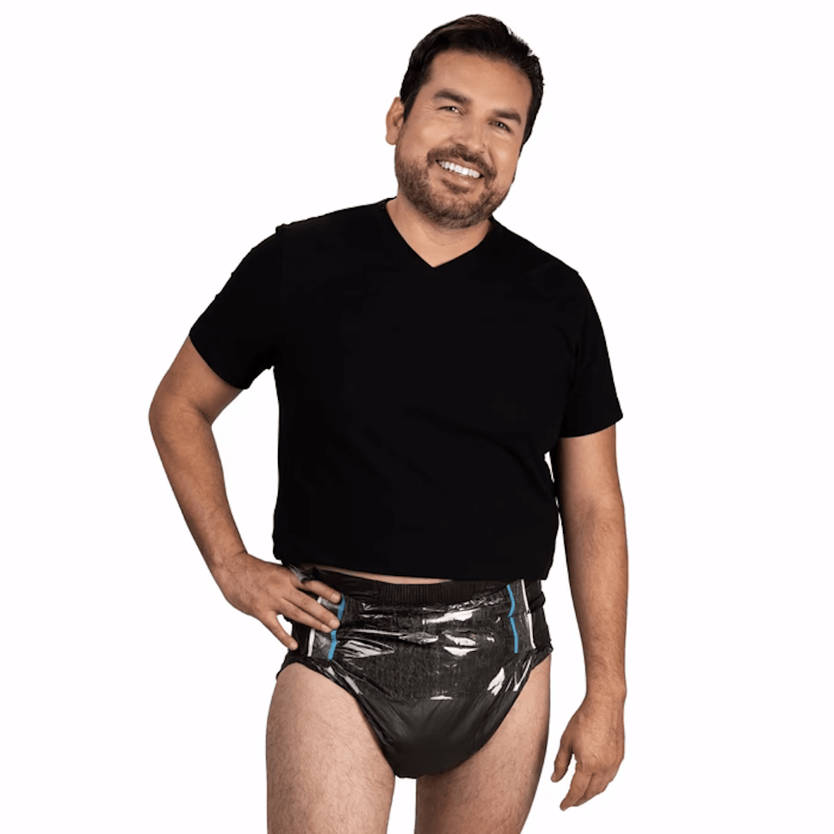 Black tab-style adult brief on man, front view