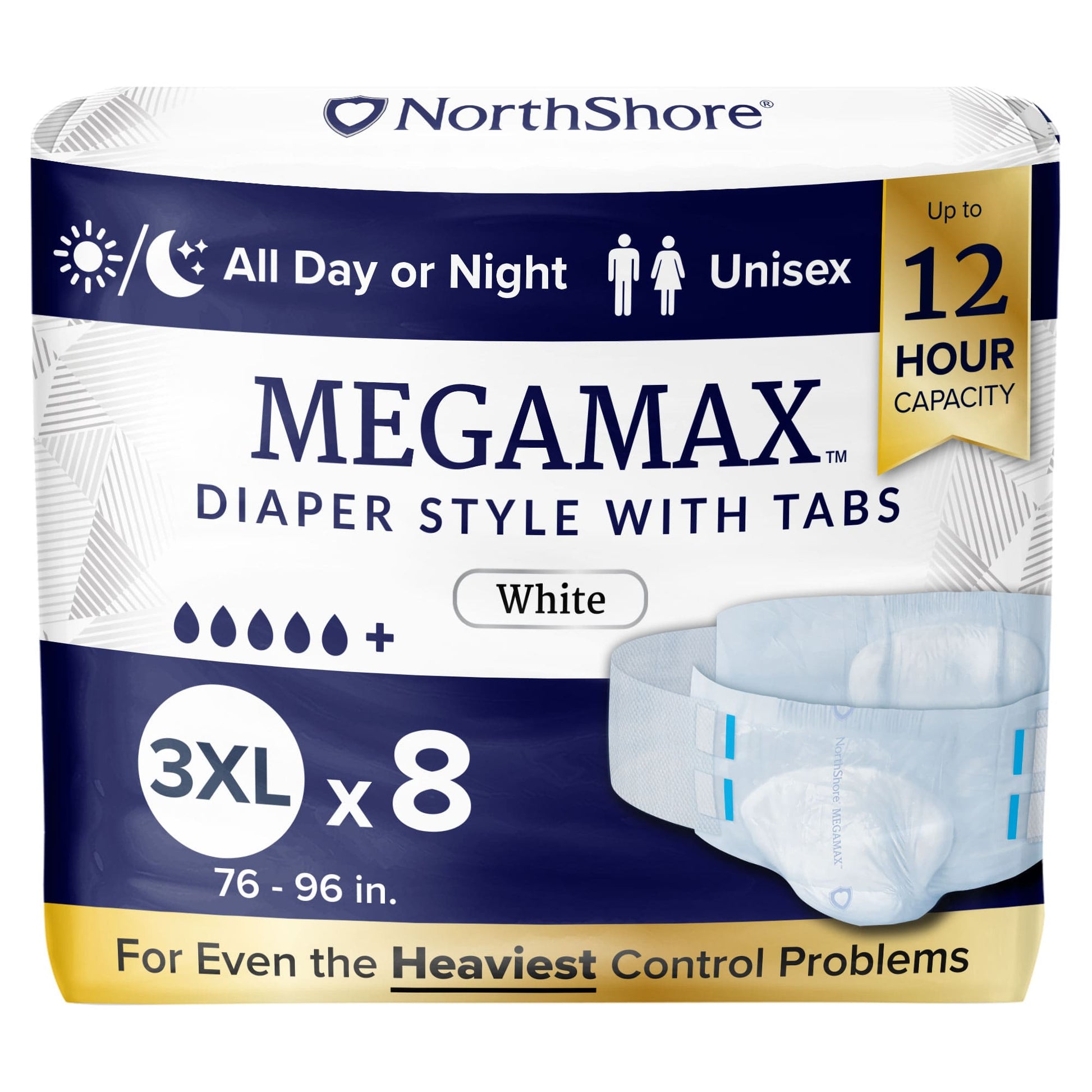 MEGAMAX adult diapers, white 3XL, 8 count, 76–96 in, diaper style with tabs