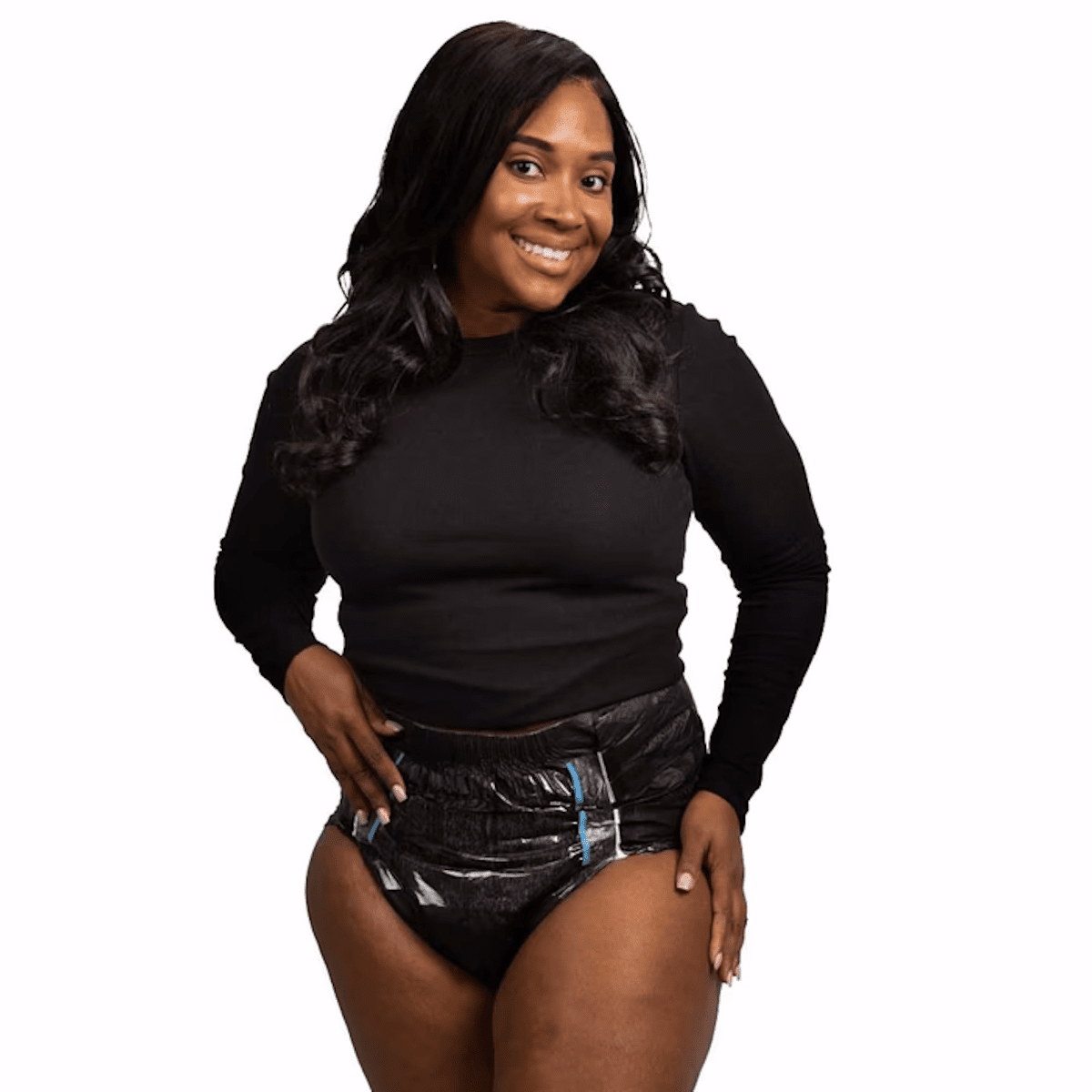 Black tab-style adult brief on woman, side view