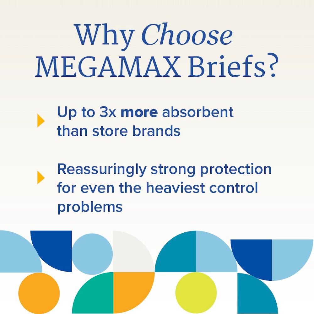 MEGAMAX adult briefs absorbency benefits text graphic